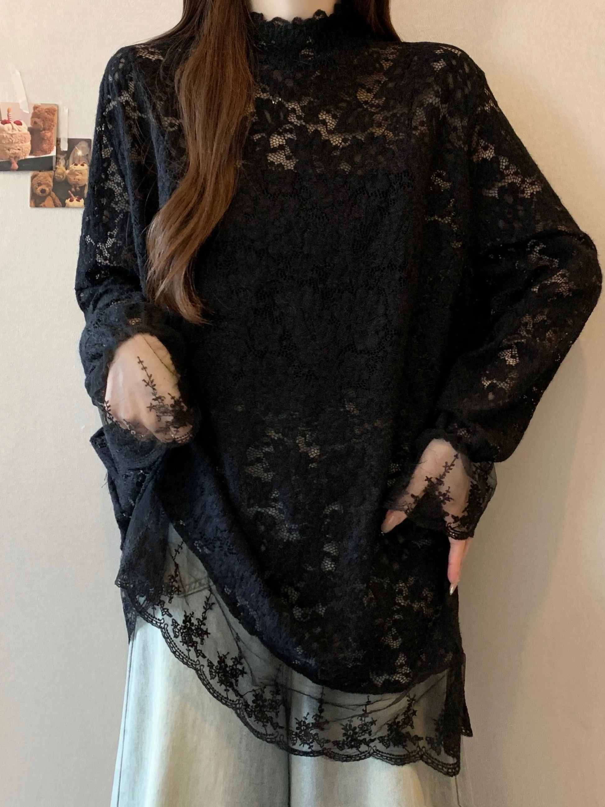 

Loose Mid-Length Lace irt Women's Bell Sve f High Collar Bla Lace Top Autumn Winter plus Size Faion Commute Sle