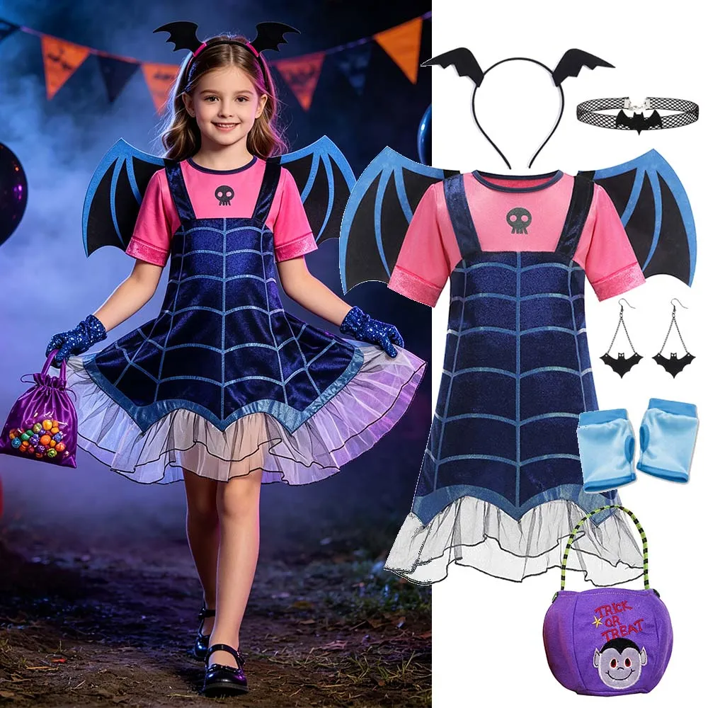Girls Bat Vampire Cosplay Costume Set Pink Blue Dress With Wings Headband Necklace Earrings For Halloween Party