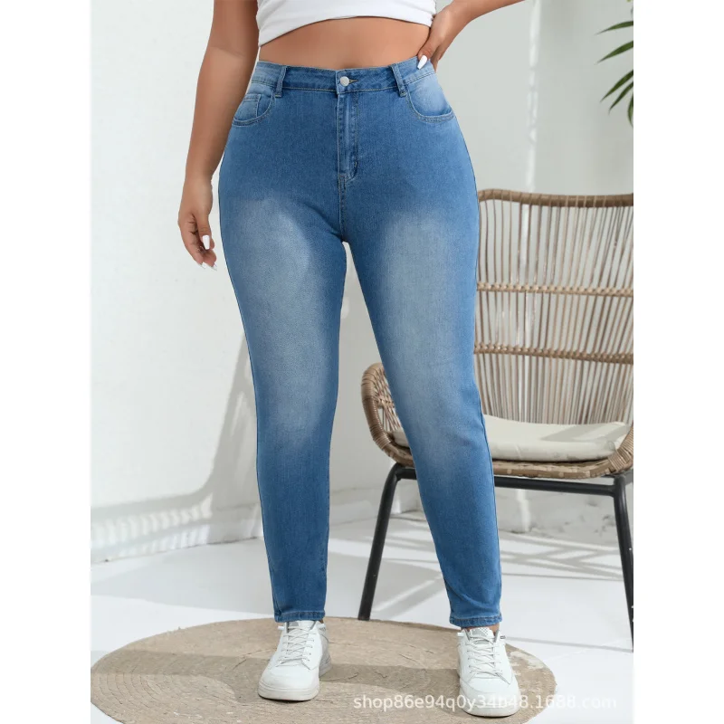 Overseas Warehouse Delivery Cross-Border European and American plus Size Denim Skinny Pants Fat Girl Elastic TightTEMUAmazonSHEI