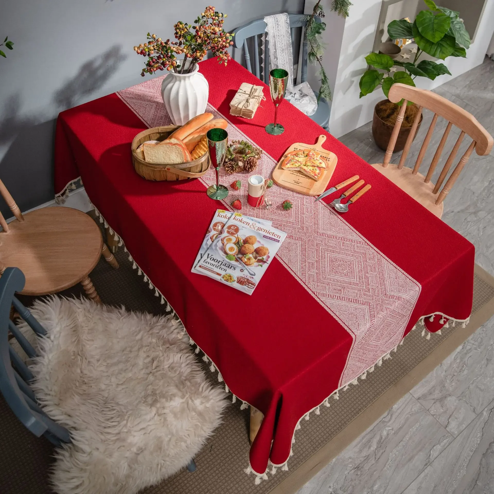 

Home Textiles Luxury High Quality Rhombus Jacquard Tassel Tablecloth Home Decor Rectangle Dining Table Table Cloths Table Linen