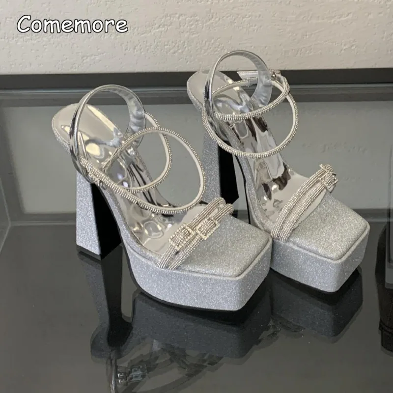 15 سنتيمتر صنادل أرضية الفضة كريستال الكاحل الأشرطة ساحة تو موضة السيدات فستان أحذية مكتنزة عالية الكعب المرأة الصنادل حجم 34