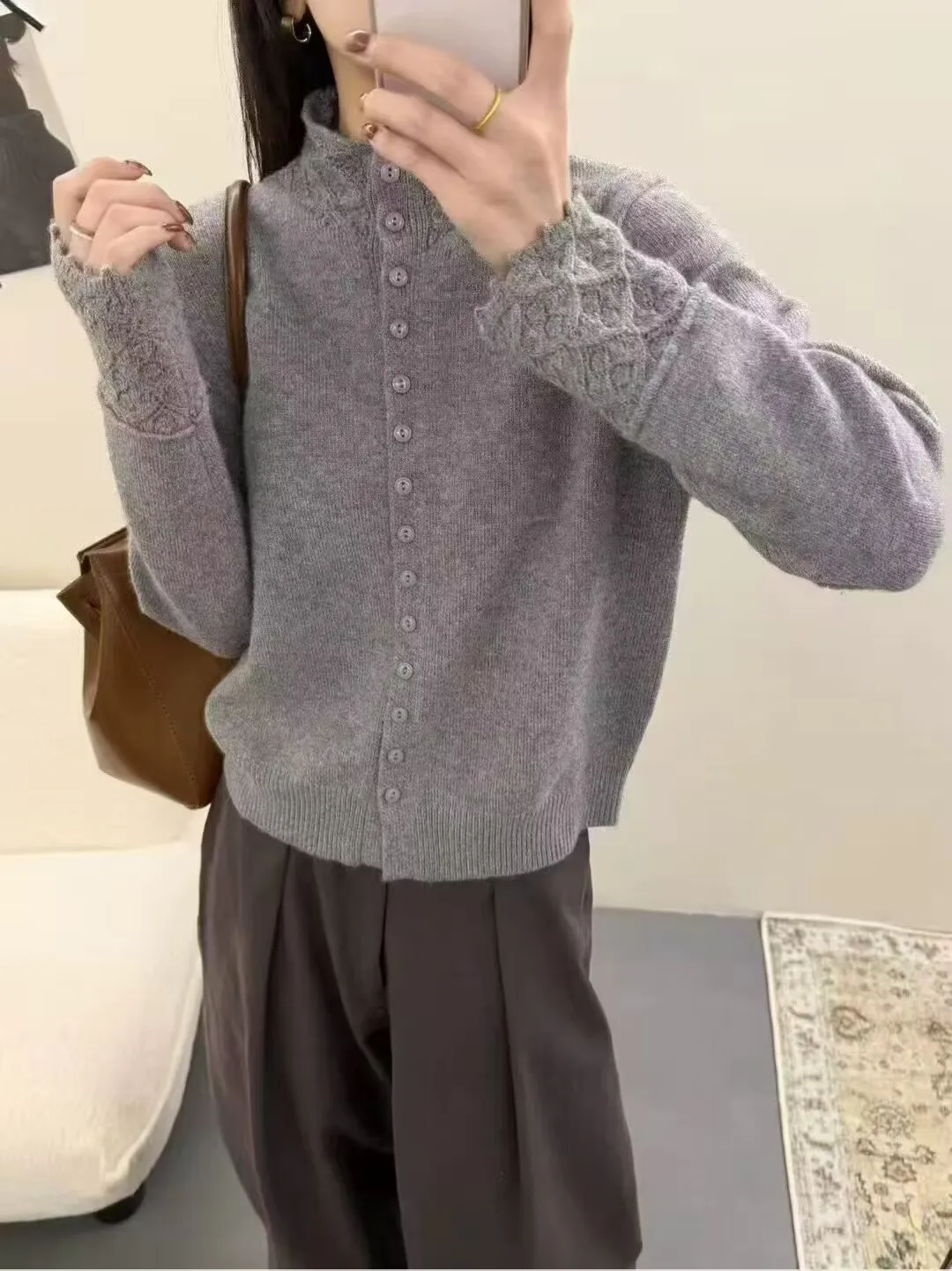 Cardigan en dentelle tricotée douce pour femme, Design fendu, coupe ample, décontracté, couleur Pure, boutonné, chaud, pull Long