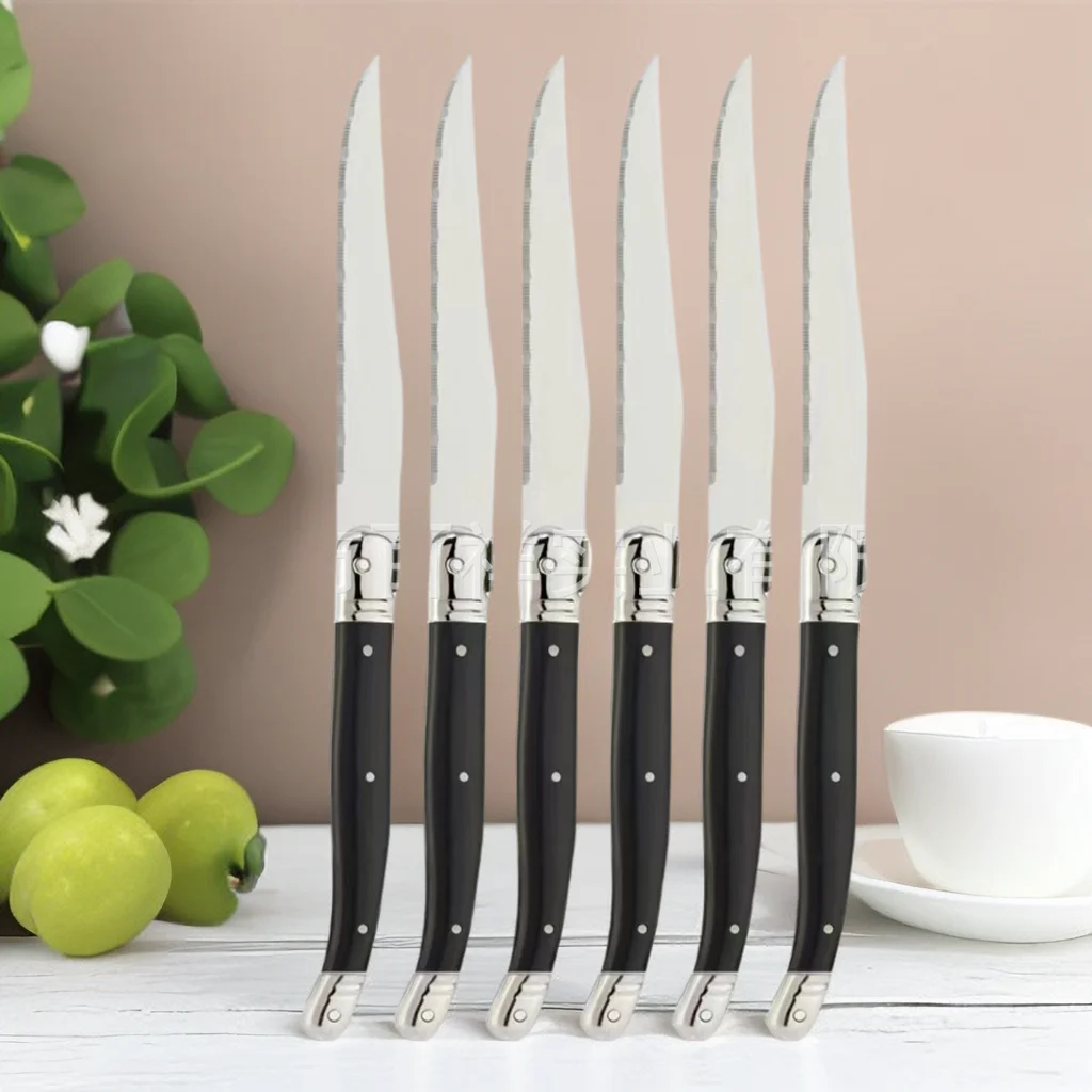 9\'\' Laguiole Steak Knives Set Serrated Triple Rivet Ergonomic Handle Stainless Steel Black Steel Dinner Table Knife 1/4/6/8 Pcs