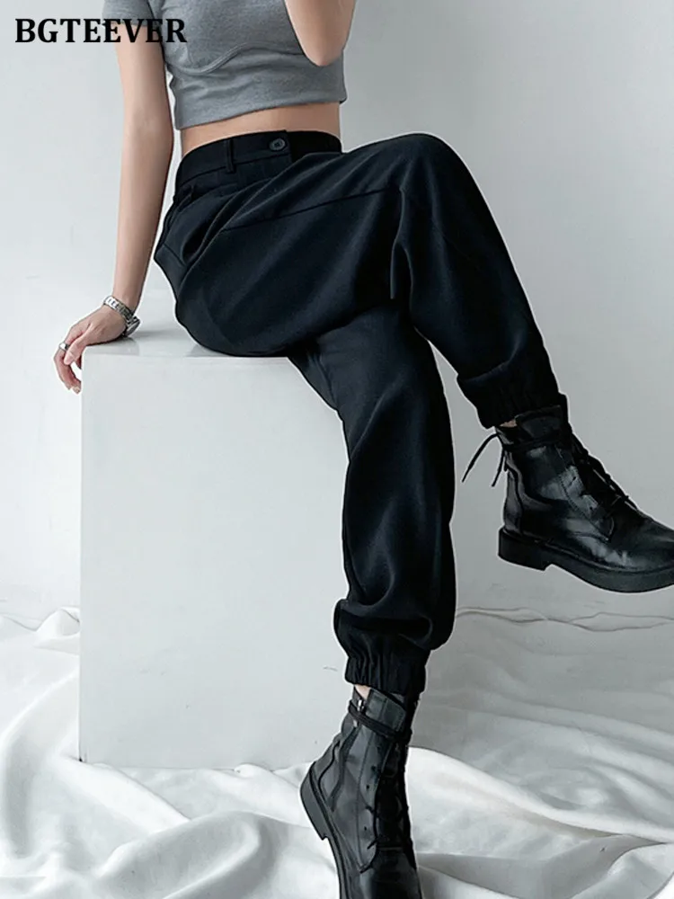 BGTEEVER الربيع الصيف فضفاضة عالية الخصر النساء تسخير السراويل جيوب عادية الكاحل طول واسعة الساق السراويل الإناث