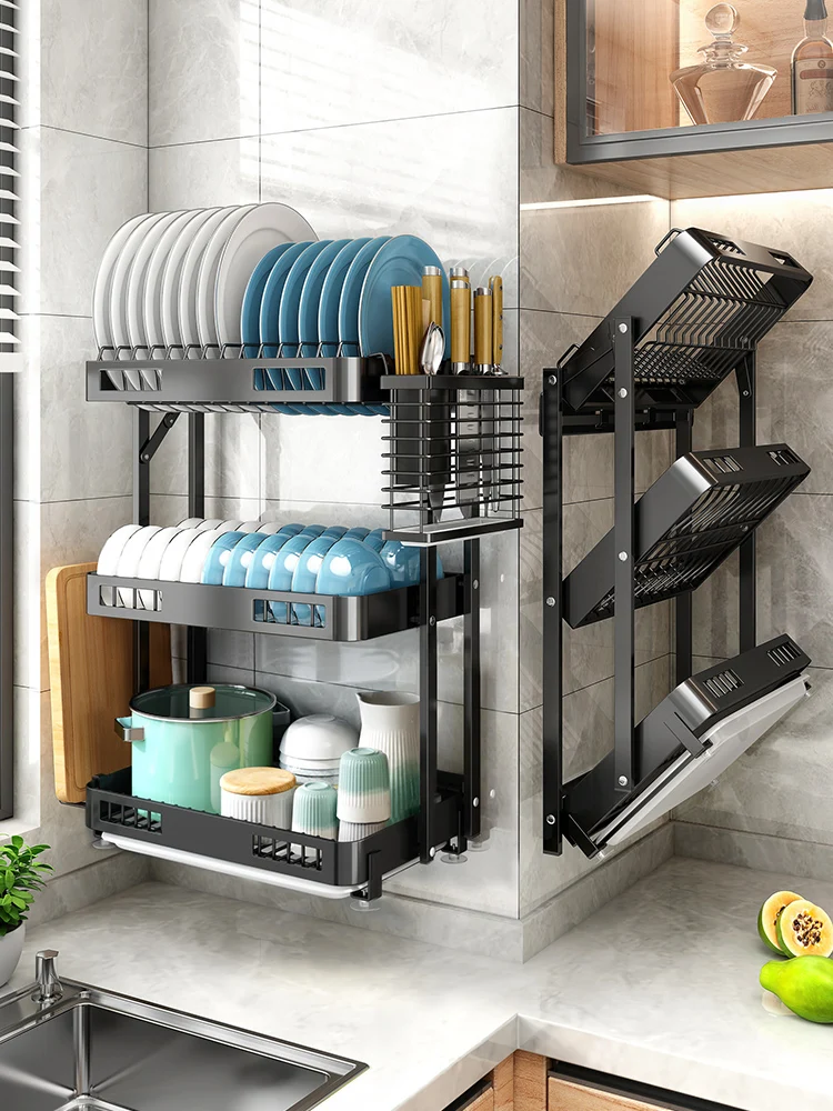 

No-installation Bowl Rack Foldable Kitchen Rack for Dishes and Chopsticks Storage Box Punch-free Wall-mounted
