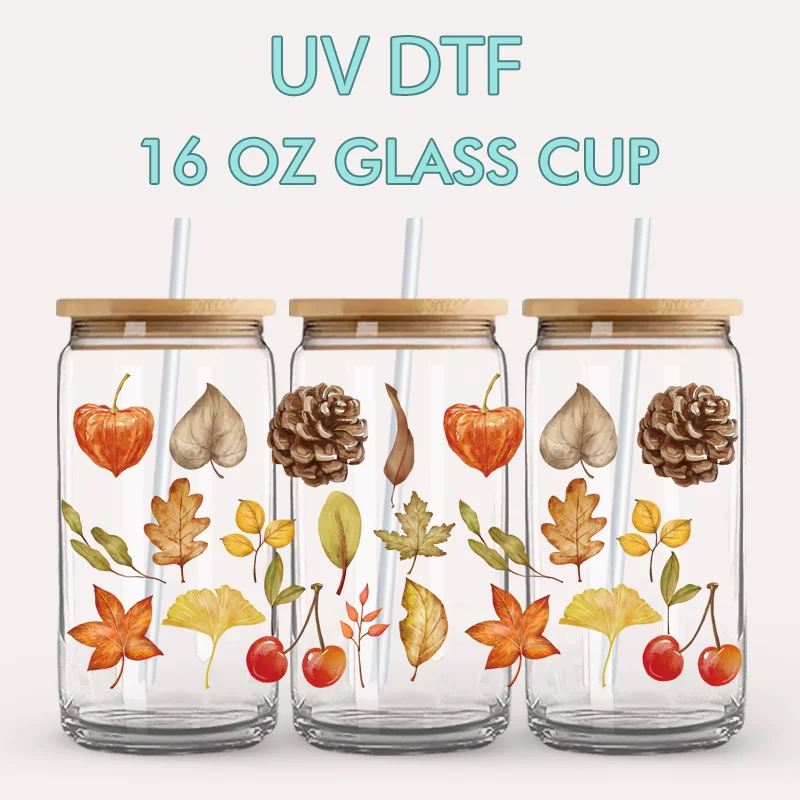 16oz Glass Cup UV DTF Wraps Soft Watercolor Neutral Autumn Maple Ginkgo Pinecone Cherry Fall Harvest Waterproof Rub On Stickers