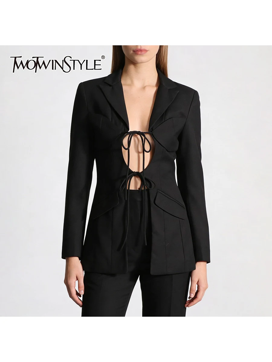 

TWOTWINSTYLE Design Sense Hollow Out Spliced Bowknot Blazer for Women Lapel Long Sleeve Patchworl Lace Up Fashion Blazers Female