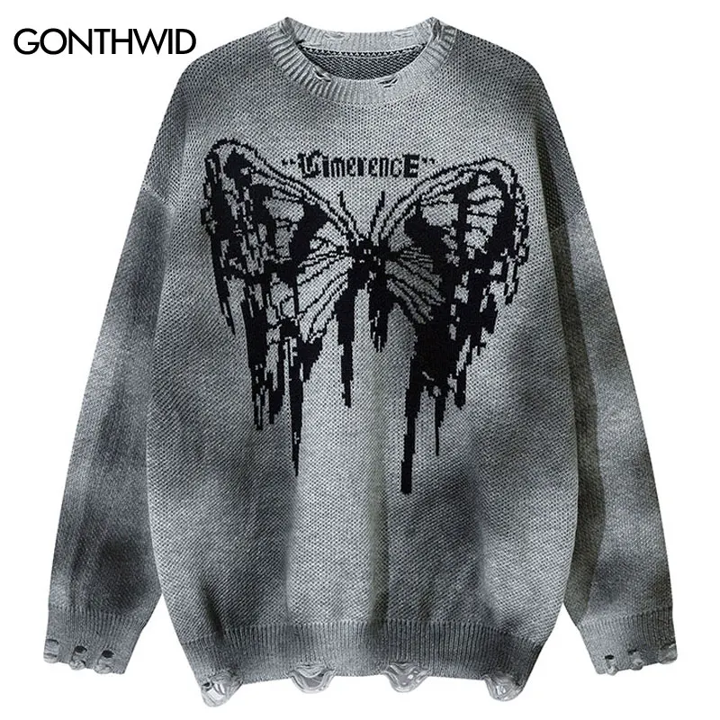 Hip Hop Sweaters Grunge Y2K Knitted Butterfly Ripped Hole Oversized Jumpers Streetwear Vintage Punk Gothic Long Sleeve Pullover