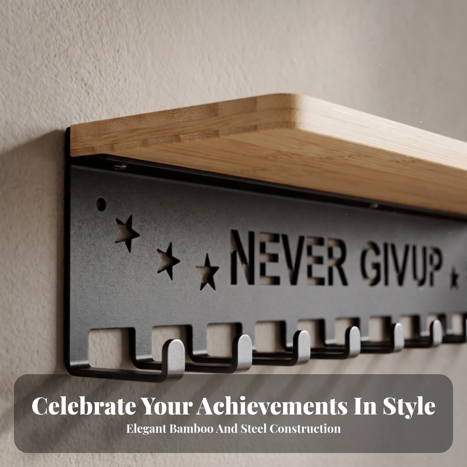 Wall Mounted Medal Holder with Hooks Long-Lasting Wall-Mounted Medal and Trophy Display Rack Heavy Duty Modern for Home Gym