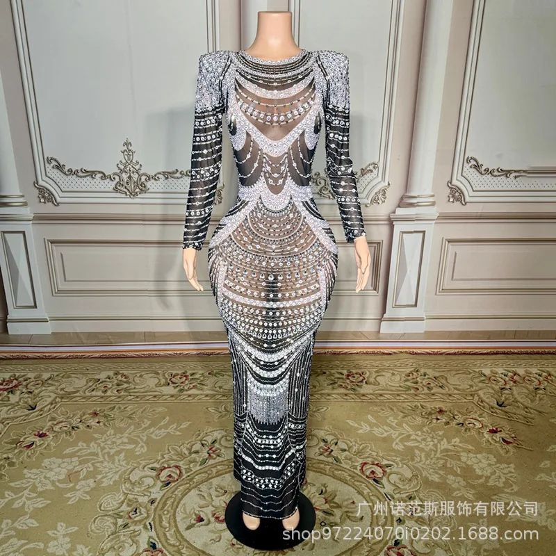 2026 Luxury Rhinestone Mesh Evening Dress See-through Temperament Catwalk Model for Annual Company Meeting Trendy Adult Clothing