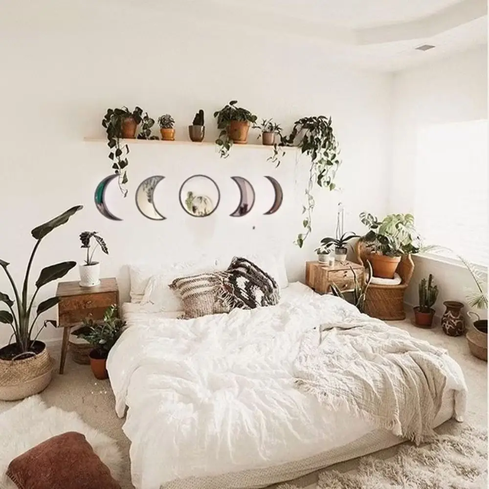 5 Pieces Set Moon Phase Mirror Wooden Frame Natural Decor Acrylic Wall Decor Scandinavian Style Acrylic Material