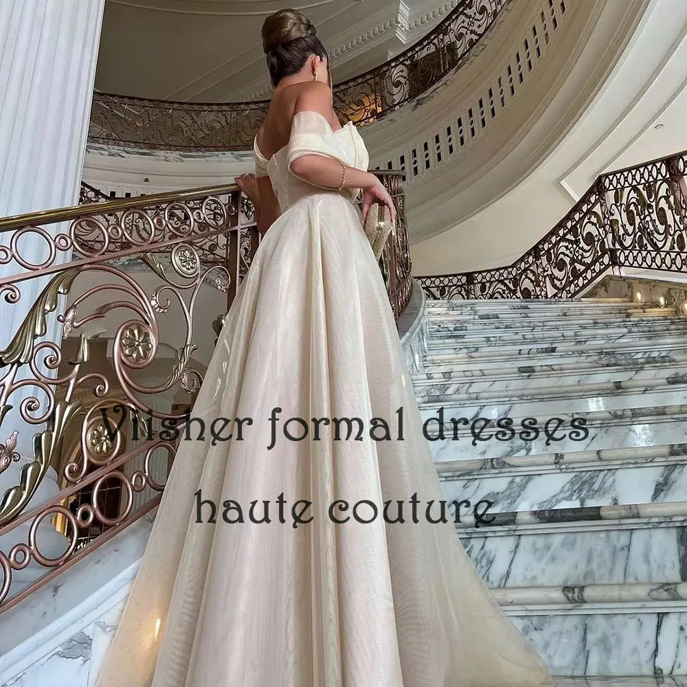 Vestidos de Noche de Organza champán, sin hombros, sin tirantes, una línea, vestido de graduación Formal con tren, vestido de fiesta de noche árabe de Dubái