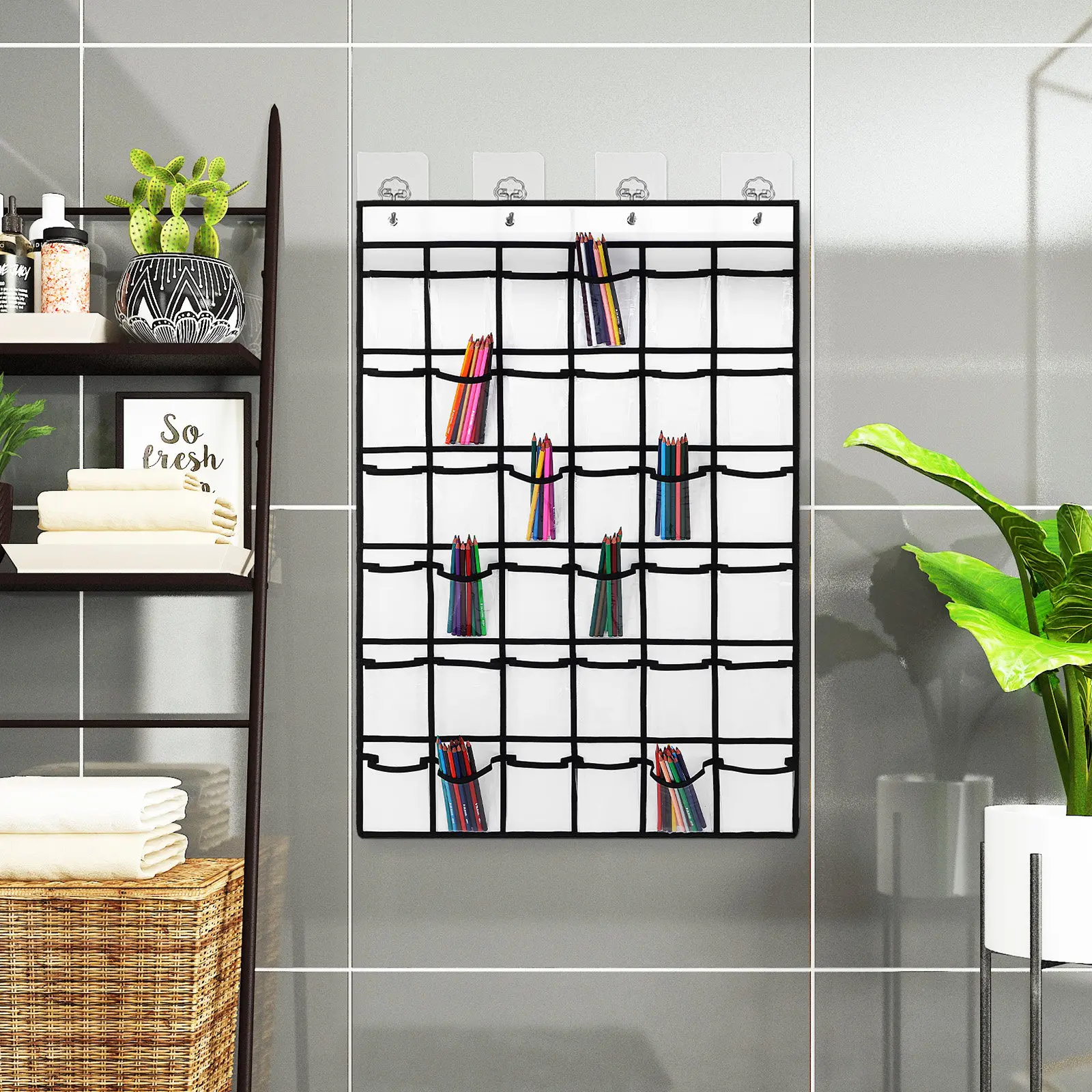 Hanging Pocket Organizer Transparent Large Capacity Over Door Storage Wall Hanging Chart Label Sticker Cell Phone Holder