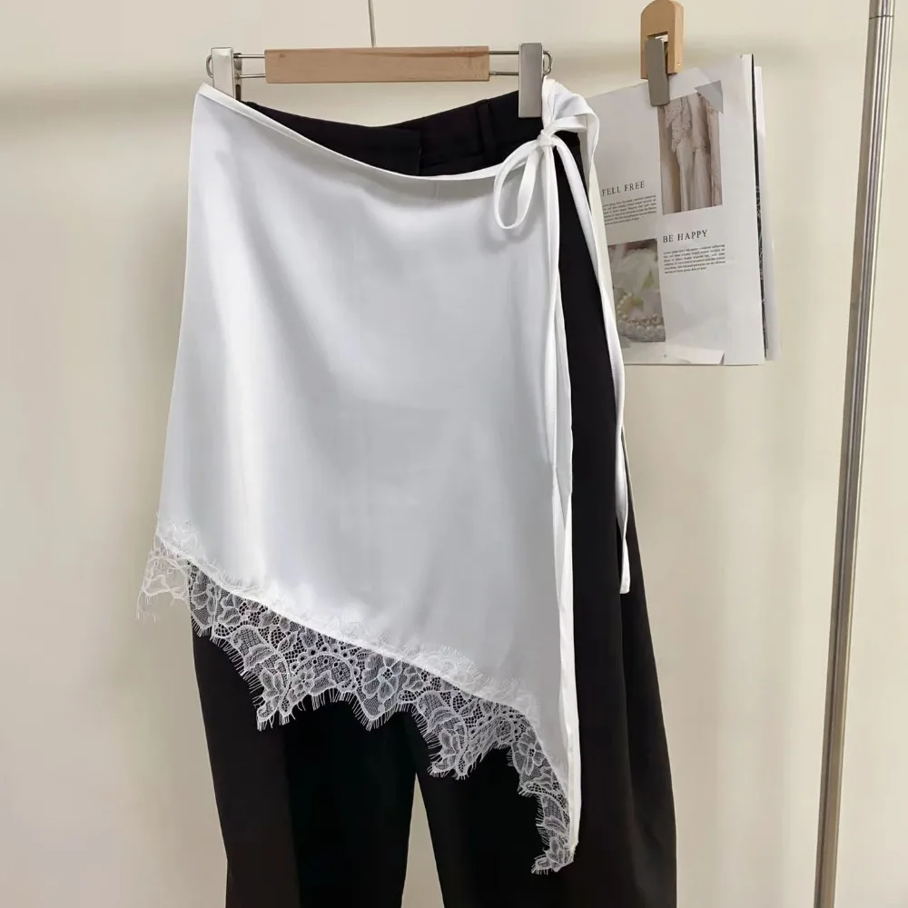 

High Waist Lace Midi Skirt Embroidered Flower Irregular Side Slit Lace Drawstring Skirt Y2K Streetwear Harajuku