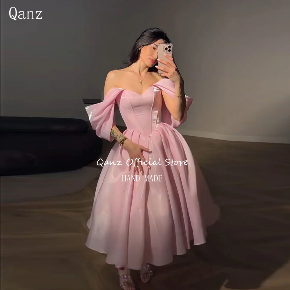 

Qanz Elegant Pink Prom Dress Off The Shouder Backless Wedding Guest Dresses LongA Line Women Birthday Pary Gowns Customized