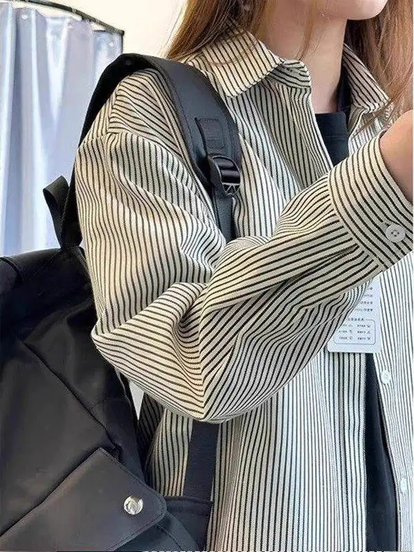 

American Retro Striped Men's Long Sve irt Spring Lightweight Breathable Loose Fit Outerwear Inner Layering irt