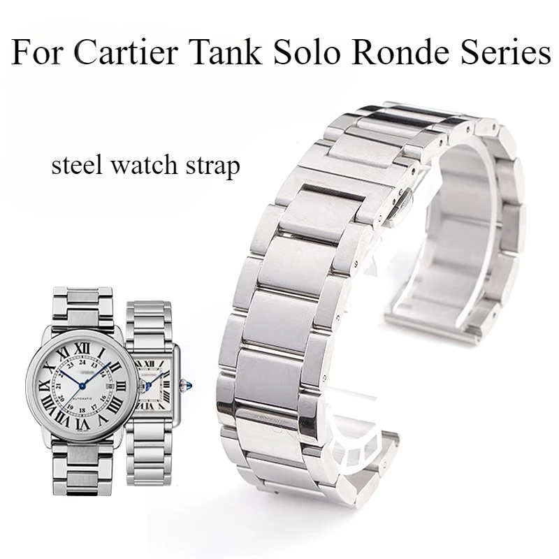 Wasserdichtes, atmungsaktives Herren-Armband aus massivem Edelstahl mit Faltschließe für Cartier Solo Tank Ronde Series, zierliches Uhrenarmband