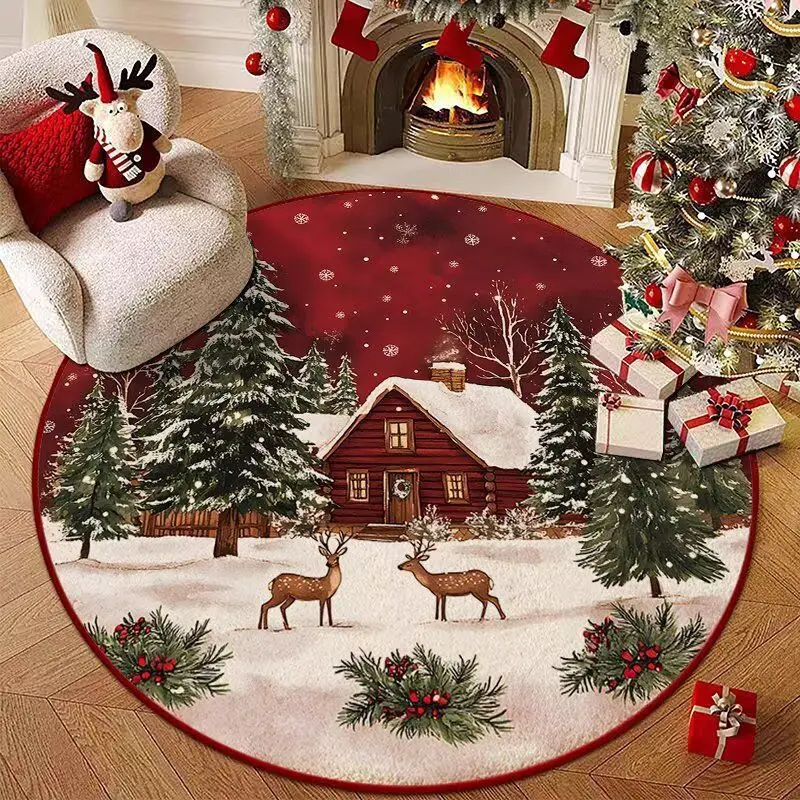 VIKAMA Round Christmas Winter Snow Pine Trees Snow Scenery Round Floor Mat Living Room Festival Home Christmas Decoration