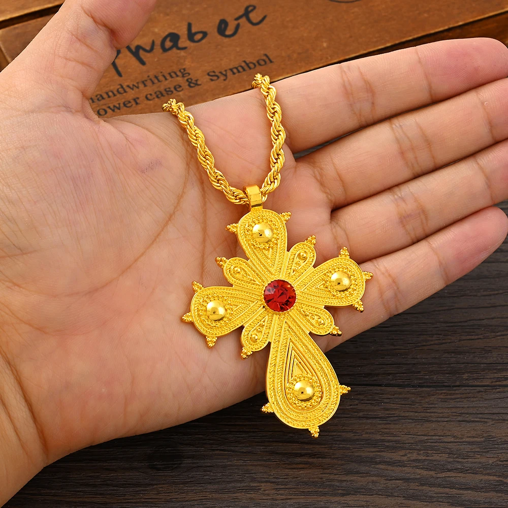 African Great Cross Pendant Necklaces Women Girls Gold Color Eritrean Ethnic Party Jewelry