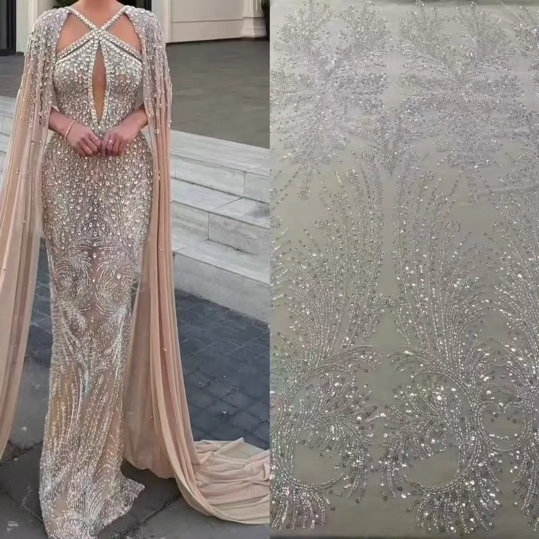 

Высококачественная тяжелая белая тюлевая кружевная сетка с вышивкой, блестками и вышивкой бисером, роскошная свадьба во французском стиле