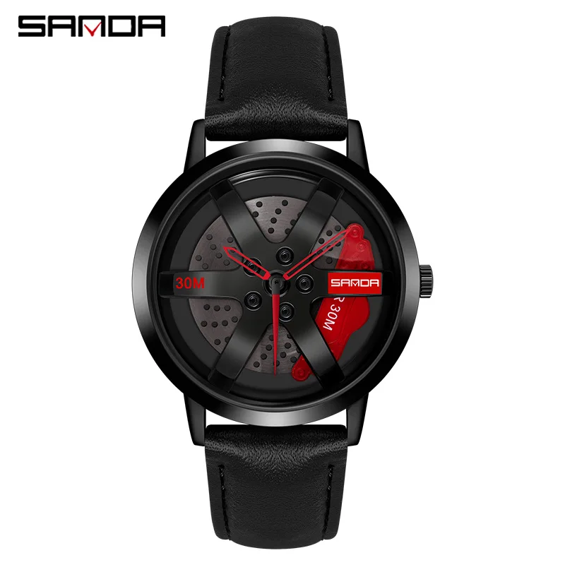 Fashion Sanda 1075 Brand For Men Hollow Out Rotating Car Wheel Dial Design Quartz Movement Hot Sale Analog Trendy Wrist Watches