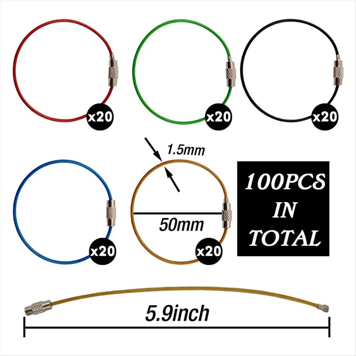 A78I 100PCS Keychain, 5.9 Inches Stainless Steel Wire Ring Loop Rings for Hanging Luggage Tag, Keys Keepers