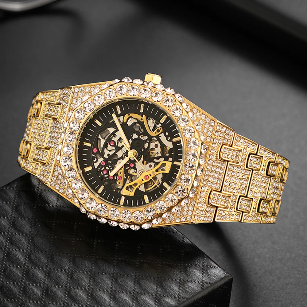 Gold Mechanical Watch For Men Luxury Diamond BlingBling  Male Automatic Watches Hip Hop Stylish Big Wristwatches Gift For Man