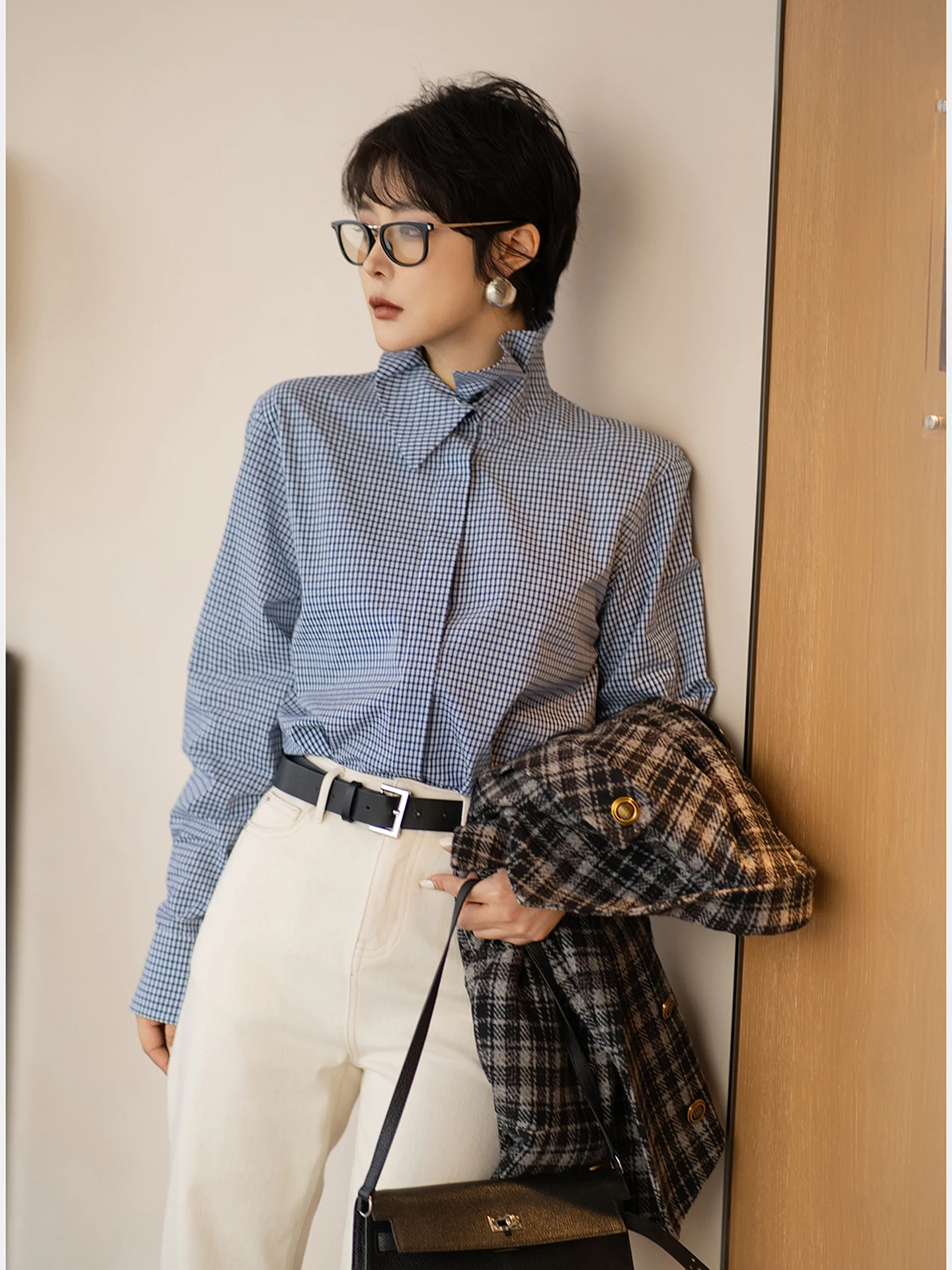 

Women's Plaid irt Long Sve Stand Collar Inner Wear Layering Casual Loose Fit Cotton Winter Thiened Outerwear