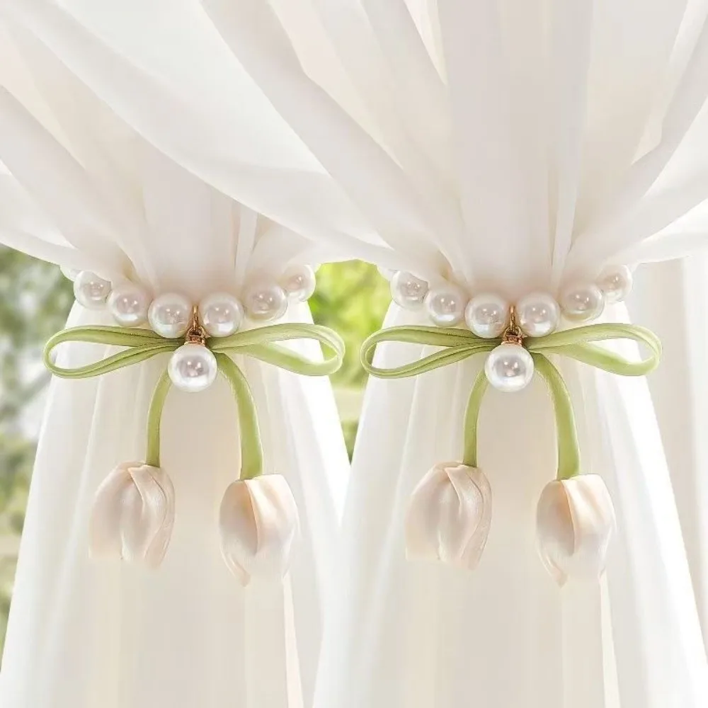 Creative Magnetic Curtain Tiebacks Tulip-Shaped 3D Flowers Curtain Buckle Bowknot Pearl Chain Tulip Curtain Straps Wedding Room