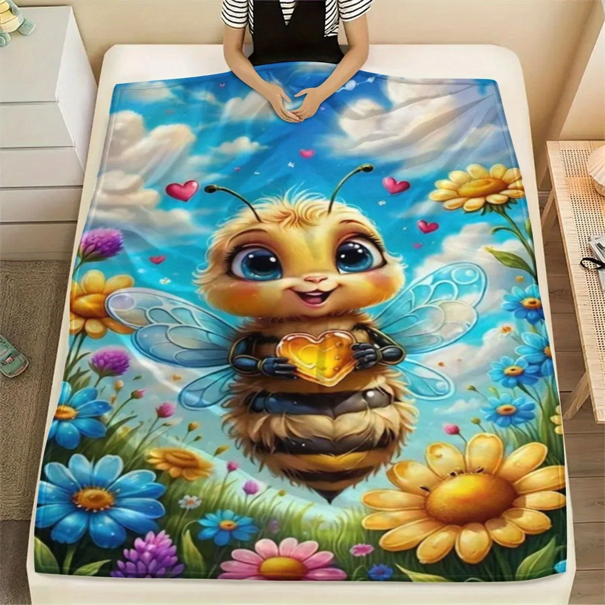 Cute Cartoon Bee Flannel Throw Blanket Lovely Baby Bee Holding Honey Heart Colorful Wildflowers Blue Sky Clouds Hearts Art Print