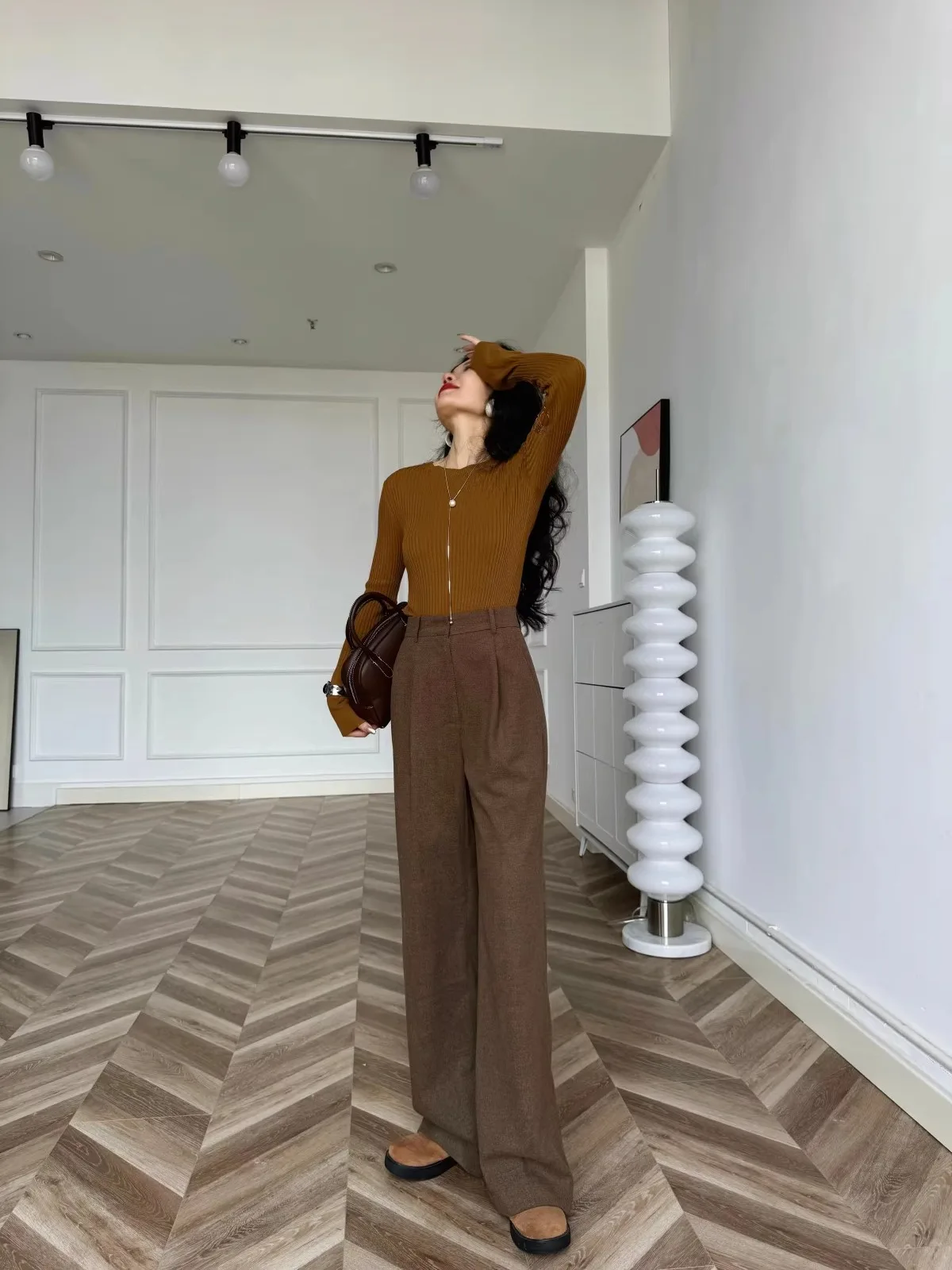 

Широкие брюки из смесовой шерсти с высокой талией, осень-зима, длинные брюки прямого кроя, легко носить и уживаемые женские модные...