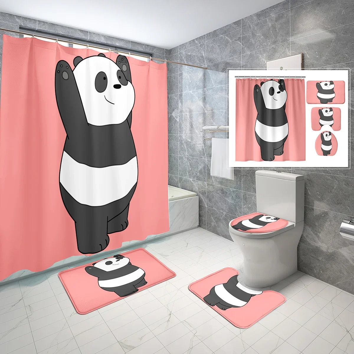 

Pink Cartoon Panda Shower Curtain Set Cute Panda Bear Printed 4 Pcs Shower Curtain Bathroom Non-Slip Bath Mat Toilet Cover