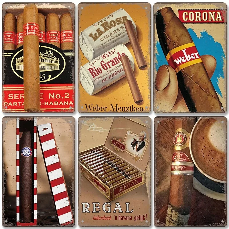Metal Tin Poster Cigar Plaque Retro Metal Plate Gentleman Smoke Cigar Whisky Vintage Metal Tin Sign Bar Club Man Cave Wall Decor