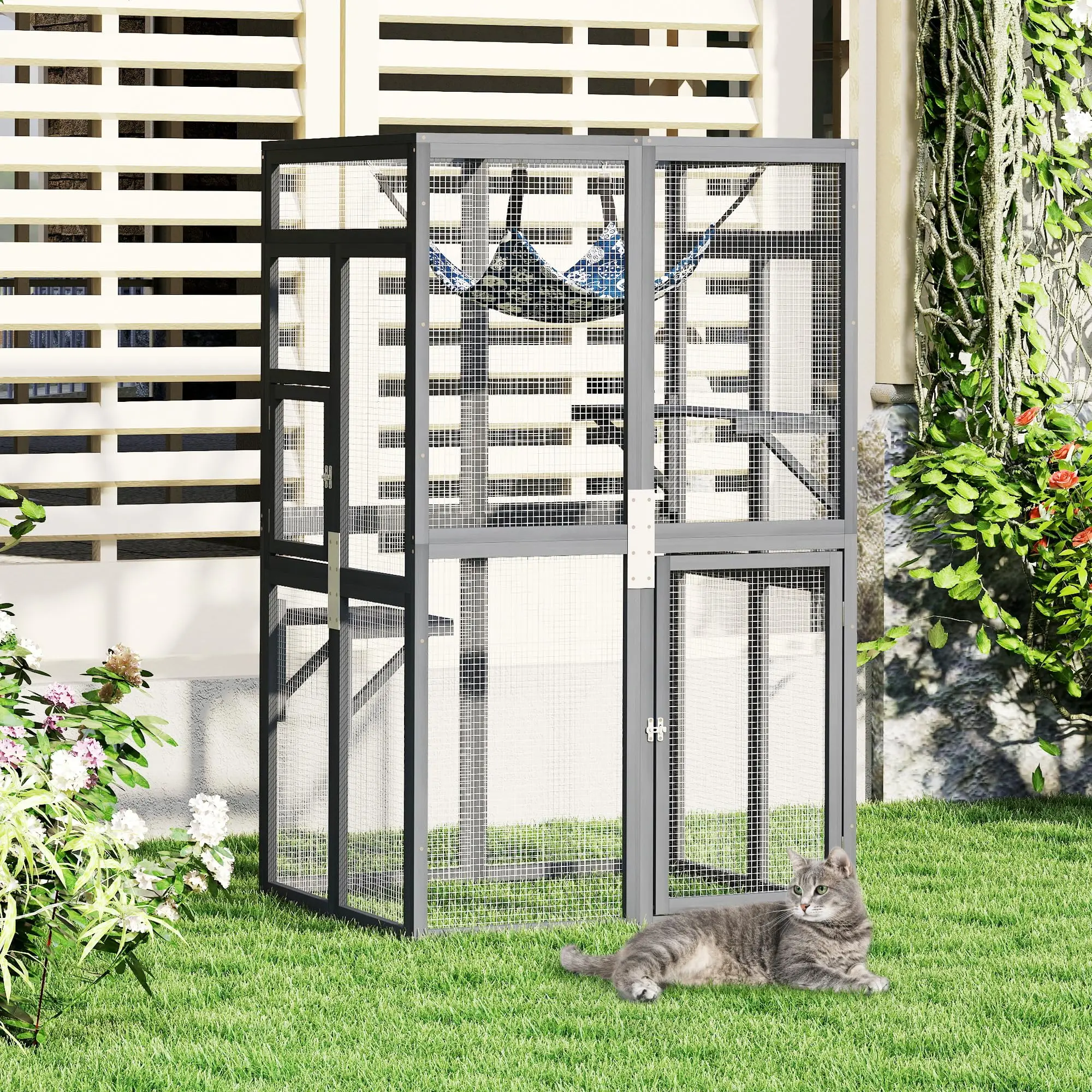 Outdoor Wooden Catio, Weatherproof Cat Enclosure with Window Access | Cat enclosure with 2 jumping platforms and