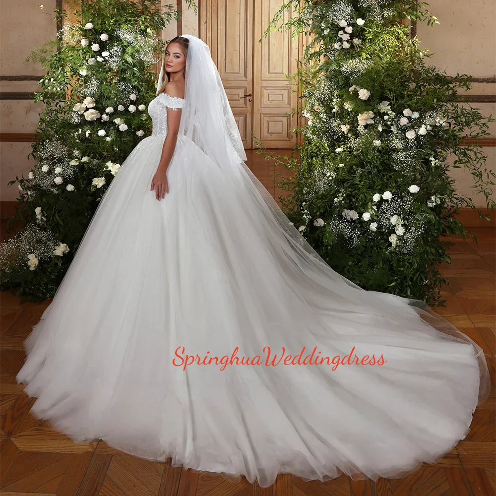 Customize Ball Gown Wedding Dresses Bride Deep V Neck Off The Shoulder Sequined Applique Court Train Bridal Dresses