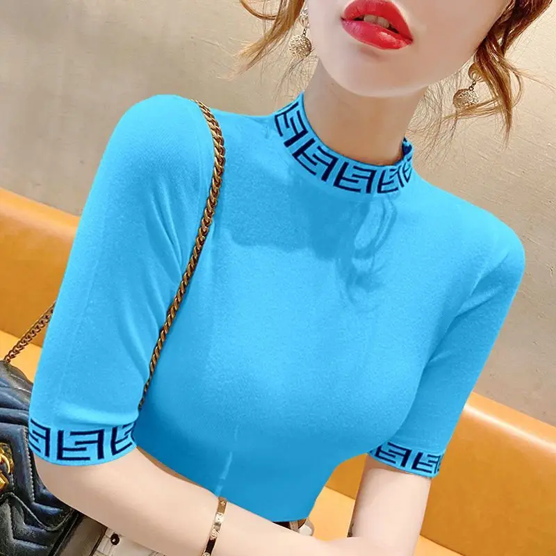 Summer New Versatile Slim Fashion Base Shirt Thin Inner Mid-sleeve Knitted Top Women Sweater