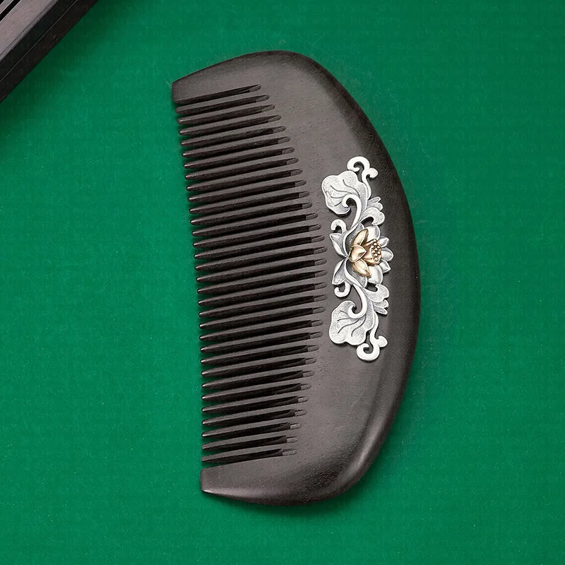 S925 Sterling Silver Sandalwood Comb for Women with Long Hair Argentum Lotus Pattern Anti-static Hair-comb Jewelry Wholesale