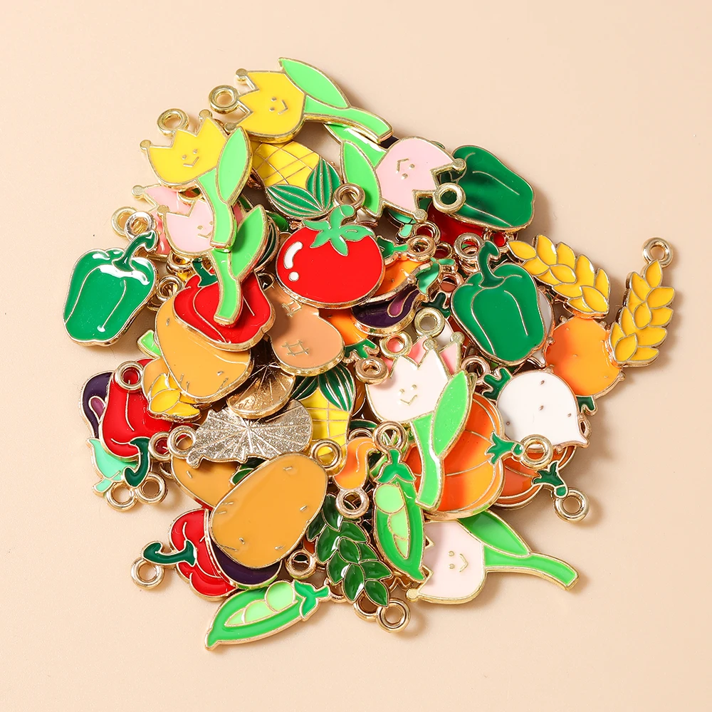Leslie 10 Stück süße Emaille-Gemüse, Früchte, Erbse, Mais, Pfeffer, Kürbis, Tomaten, Charms für Armband, Halskette, DIY, Schmuckherstellung, Basteln – Detail 4