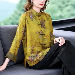 2024 traditional chinese vintage blouse folk hanfu blouse national flower print satin blouse oriental stand collar tang suit