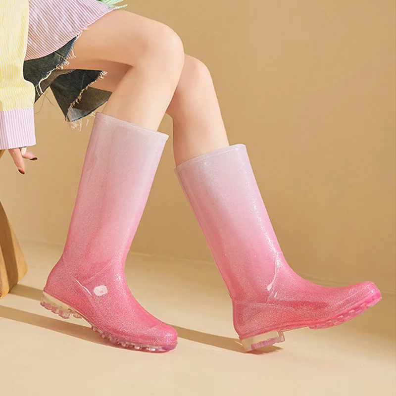 

Women's Wellies Fashion Low Heels Knee-high Rain Boots Sequins Gradient Plastic Shoes Waterproof Gumboots PVC Rubber Shoes Woman