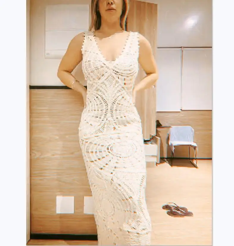 

Women Knitted Hollow Out White Beach Maxi Dress Sexy Crochet Mesh V Neck Sleeveless Elegant Fashion Vacation Party Vestido