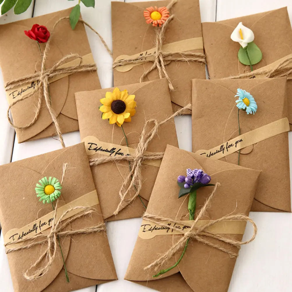 

12Pcs Vintage Kraft Paper Greeting Cards Romantic Flower Blessing Cards Envelopes Thank You Letter Writing Festival Invitation