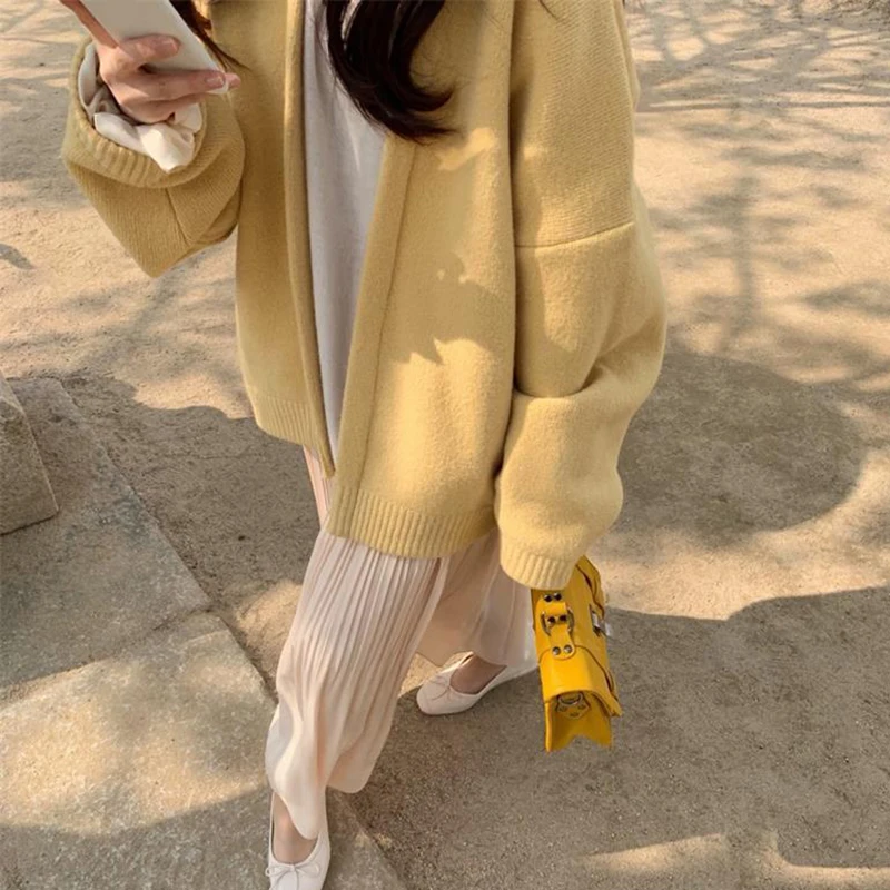 Lucyever Yellow Knitting Cardigan Women 2024 Autumn Long Sleeve Loose Sweater Cardigans Woman Korean Style Solid Color Thin Coat