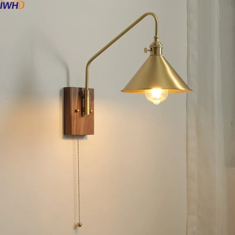 

IWHD Pull Chain Switch LED Wall Lamp Sconce Bedroom Living Room Corridor Copper Walnut Modern Stair Light Fixtures Espejo Pared