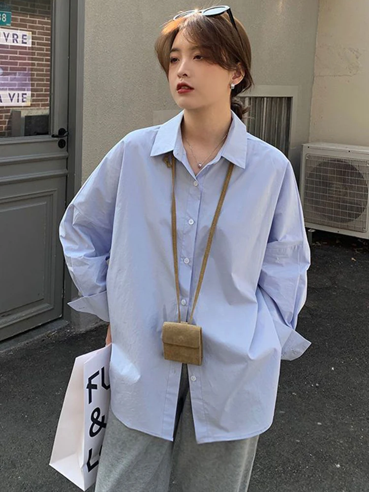 Zoki New Preppy Style Women Simple Shirt Korean Fashion Loose Harajuku Blouse Autumn Long Sleeve All Match Design Blue Tops Chic