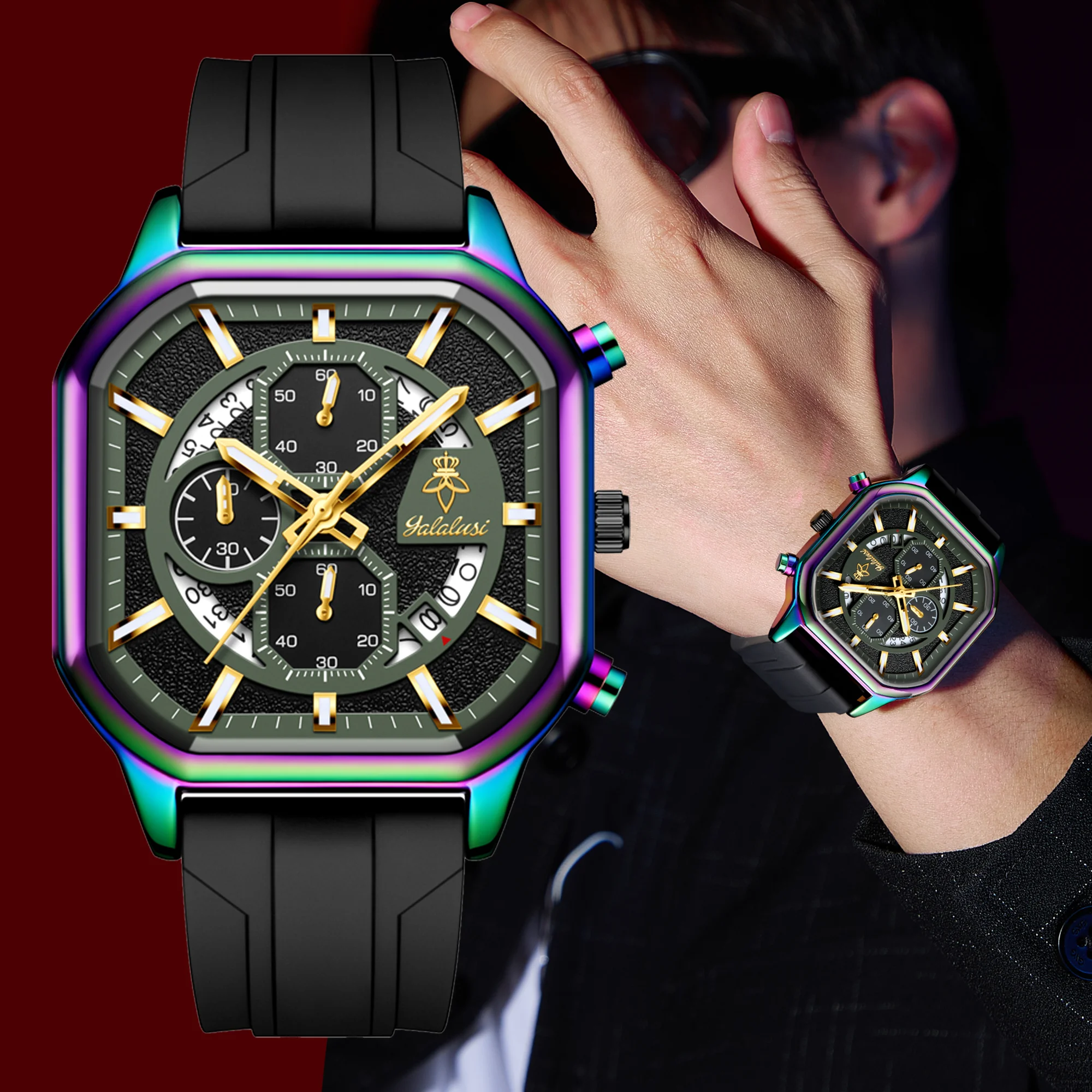 YaLaLuSi Square Multifunction Men’s Chronograph Watch: Stylish Silicone Strap Sports Quartz Wristwatch Reloj