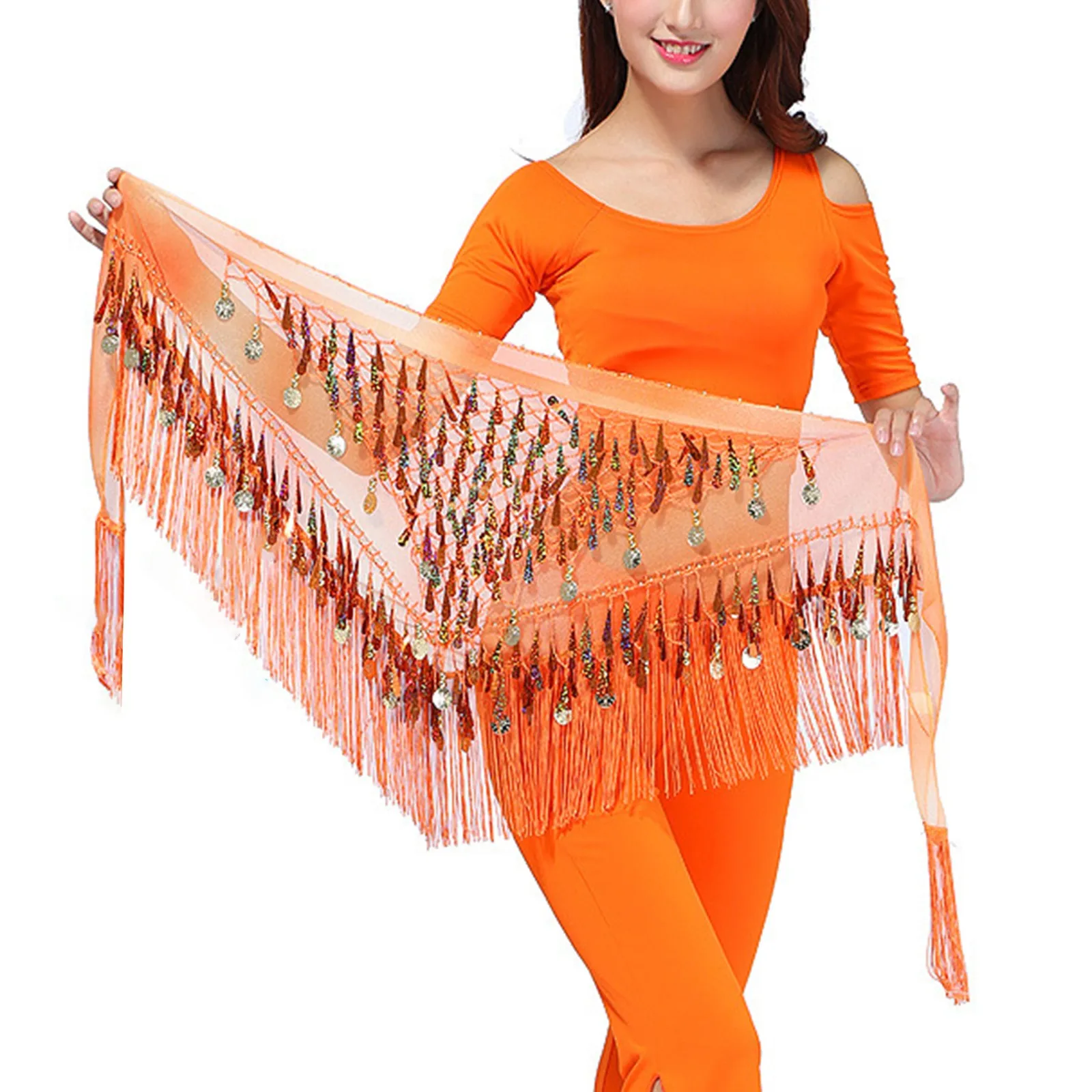 Damski trójkątny szalik na biodra z frędzlami do tańca brzucha z cekinami w kolorze kolorowego paska w talii