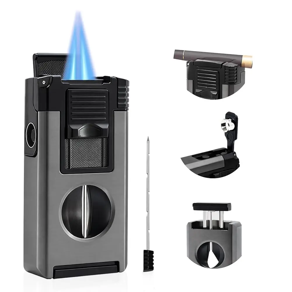 

Ailexpress Recommendation - 5-in-1 Dual Jet Flame Butane Torch Lighter Built-in V Cutter, Punch, Holder, Draw Enhancer Tool, Win