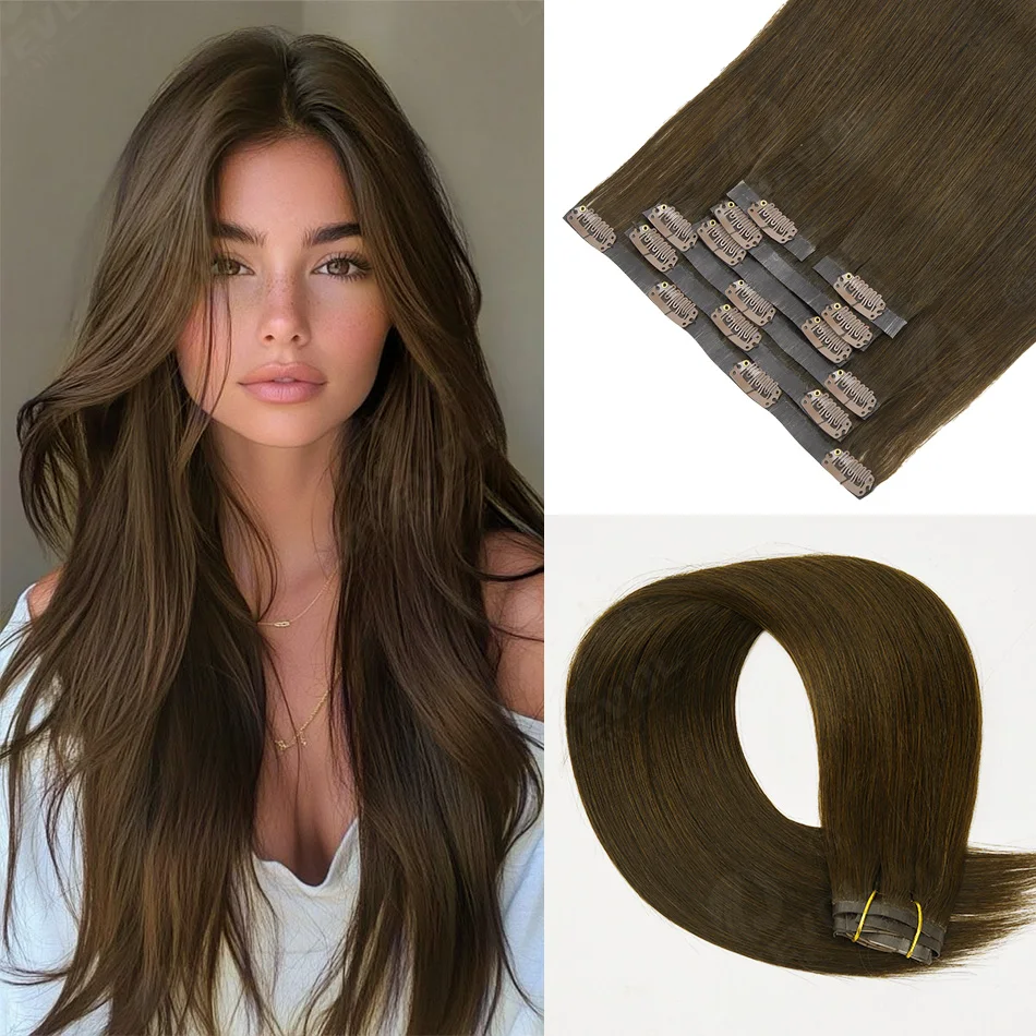 Brazilian Real Human Hair Clip-In Extensions Hard PU Braided Invisible Remy in Natural Black Brown Golden Brown Highlight Colors