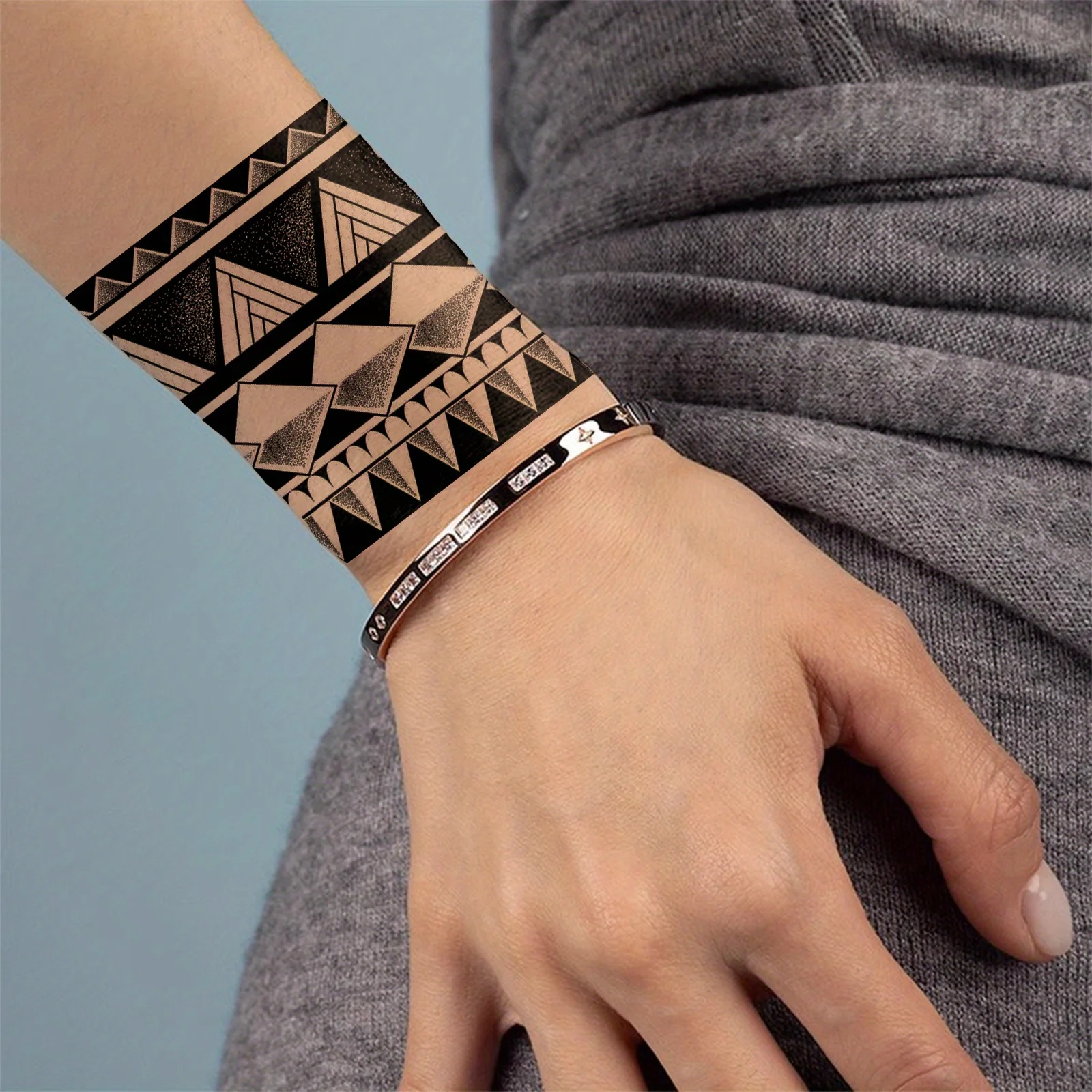1 Sheet Arm Ring Tattoo - Dark Viking Symbol Pattern, Geometric Rectangle Design, Long-Lasting 3-7 Days, Ideal for Couples